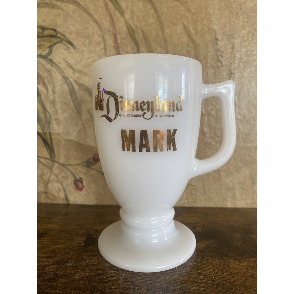 Vtg Disneyland Milk Glass Pedestal MARK Cup Irish Coffee Mug Gold Name Disney